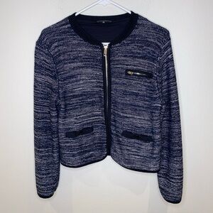 Rag & Bone Rosalie Cropped Zip-Up Sweater Jacket Blue White Knit Pockets Size S